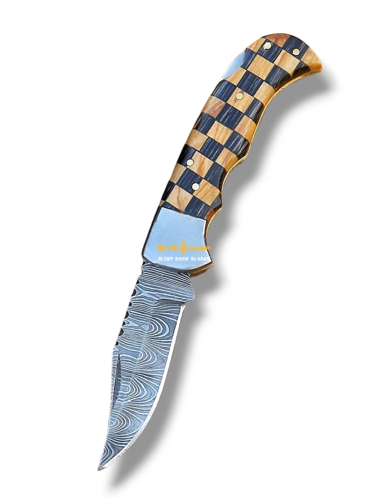Damascus steel Lock Back Folding Knife,Checkmate Handle 