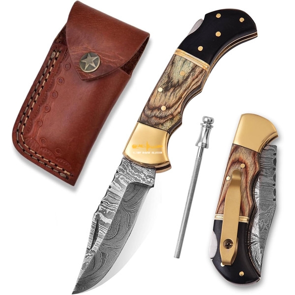 Damascus Steel Blade Lock Back Folding Knife  